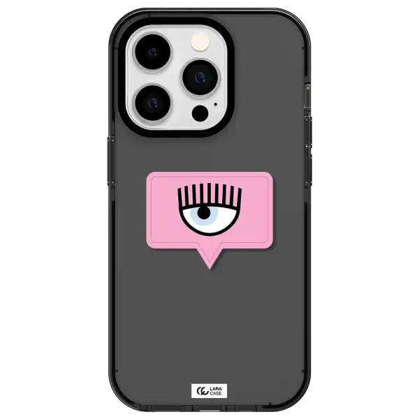 a pink chat bubble with eye and eyelashes Apple iPhone 14 pro impact Smoke Black Case