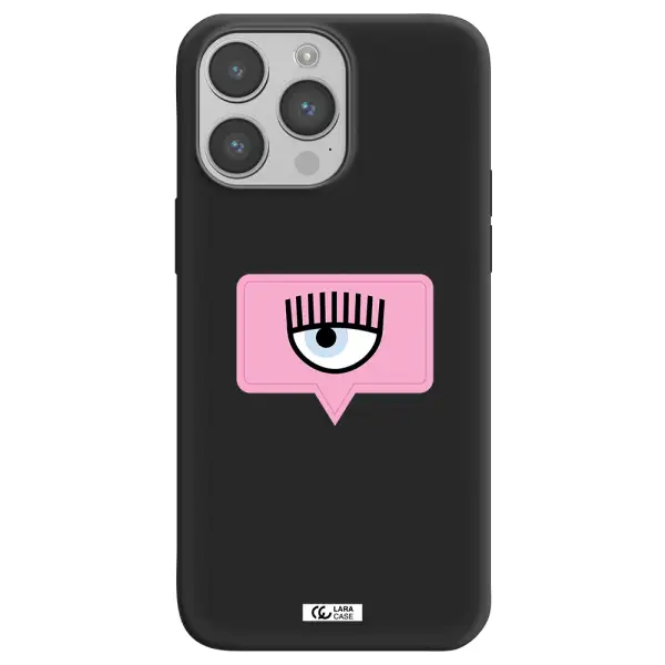 a pink chat bubble with eye and eyelashes Apple iPhone 14 pro max Silicone black Case