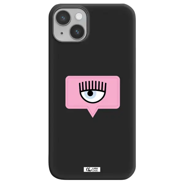 a pink chat bubble with eye and eyelashes Apple iPhone 14 Silicone black Case