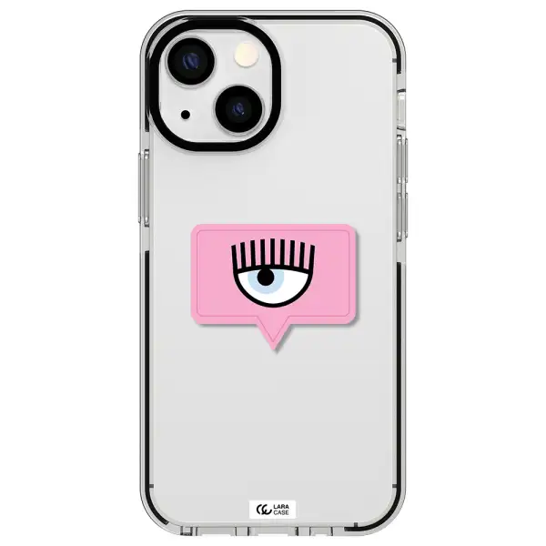 a pink chat bubble with eye and eyelashes Apple iPhone 15 impact black border Case