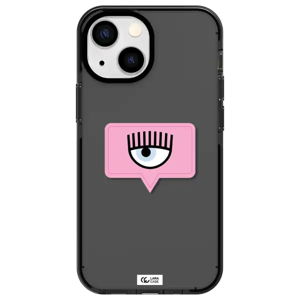 a pink chat bubble with eye and eyelashes Apple iPhone 15 impact Smoke Black Case