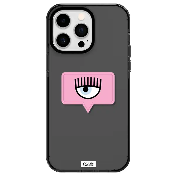 a pink chat bubble with eye and eyelashes Apple iPhone 15 Pro impact Smoke Black Case