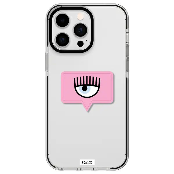 a pink chat bubble with eye and eyelashes Apple iPhone 15 Pro Max impact black border Case