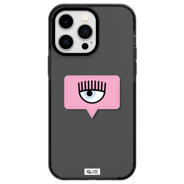 a pink chat bubble with eye and eyelashes Apple iPhone 15 Pro Max impact Smoke Black Case