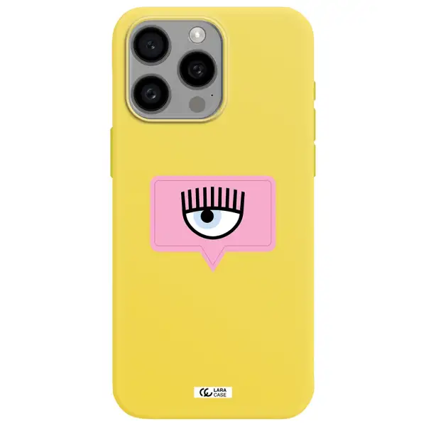 a pink chat bubble with eye and eyelashes Apple Iphone 15 Pro max Silicone canary yellow Case