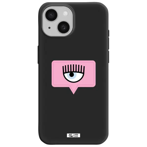 a pink chat bubble with eye and eyelashes Apple iPhone 15 Silicone black Case