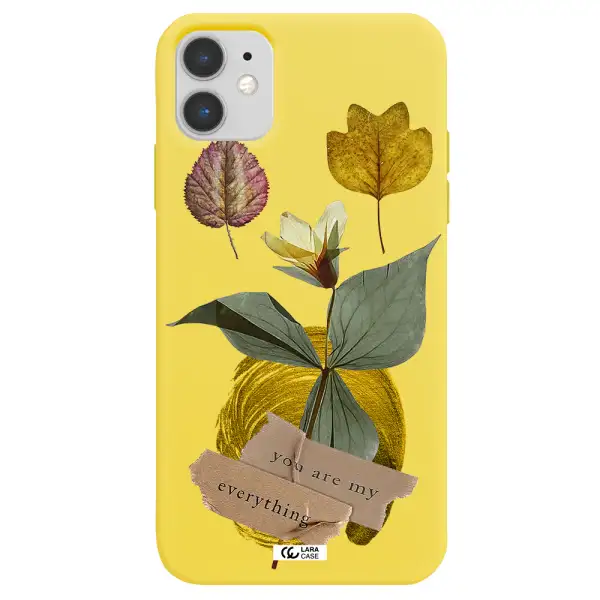 a flower with leaves and a box Apple iPhone 11 Silicone canary yellow Case