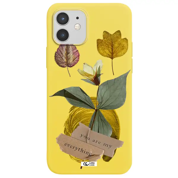 a flower with leaves and a box Apple iPhone 12 Silicone canary yellow Case