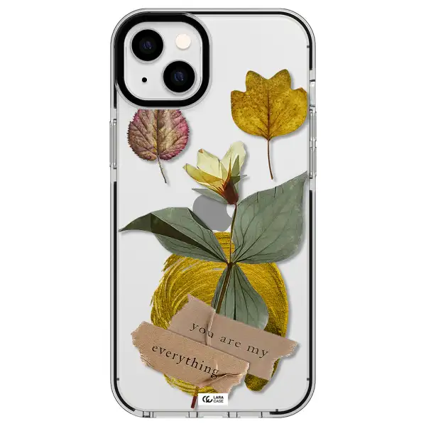 a flower with leaves and a box Apple iPhone 14 plus impact black border Case