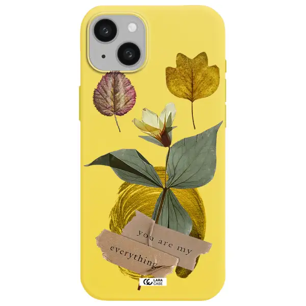 a flower with leaves and a box Apple iphone 15 plus Silicone canary yellow Case