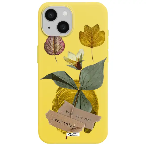 a flower with leaves and a box Apple iPhone 15 Silicone canary yellow Case