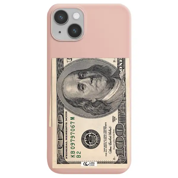 a close-up of a money bill Apple iPhone 14 plus Silicone pastel pink Case