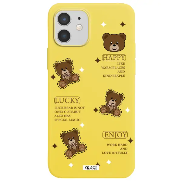 a collection of teddy bears Apple iPhone 12 Silicone canary yellow Case