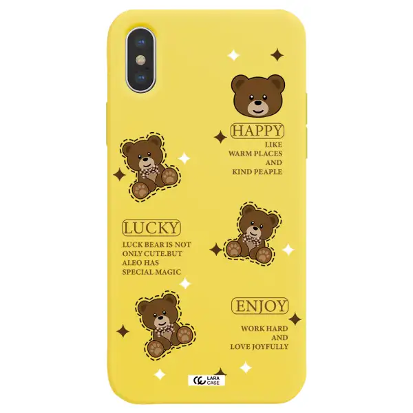 a collection of teddy bears Apple iPhone XS Silicone canary yellow Case