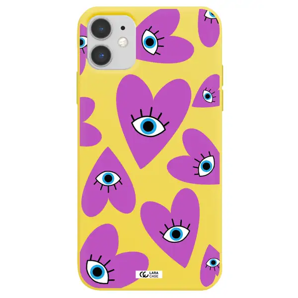 a purple heart with eyes and a black eye Apple iPhone 11 Silicone canary yellow Case