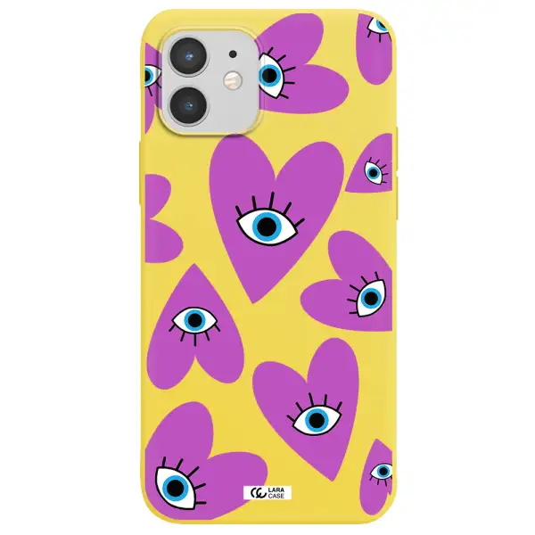 a purple heart with eyes and a black eye Apple iPhone 12 mini Silicone canary yellow Case