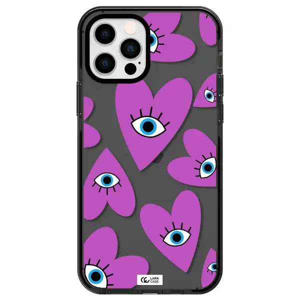 a purple heart with eyes and a black eye Apple iPhone 12 pro impact Smoke Black Case