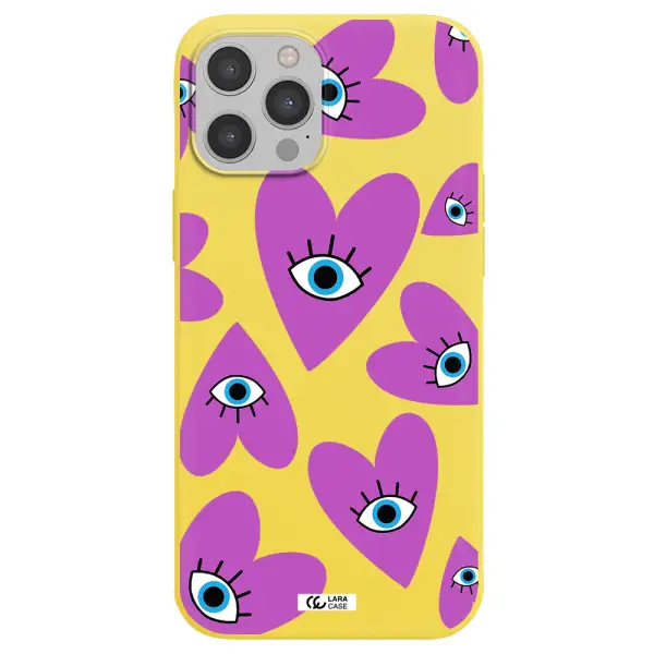 a purple heart with eyes and a black eye Apple iPhone 12 pro Silicone canary yellow Case