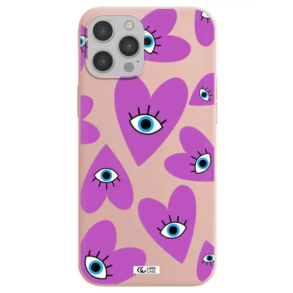 a purple heart with eyes and a black eye Apple iPhone 12 pro Silicone pastel pink Case