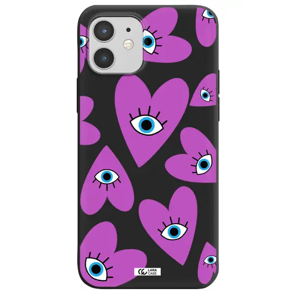 a purple heart with eyes and a black eye Apple iPhone 12 Silicone black Case