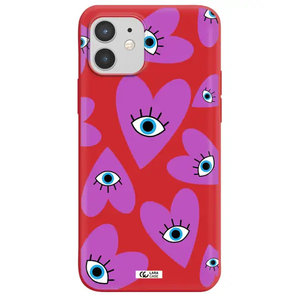a purple heart with eyes and a black eye Apple iPhone 12 Silicone Imperial Red Case