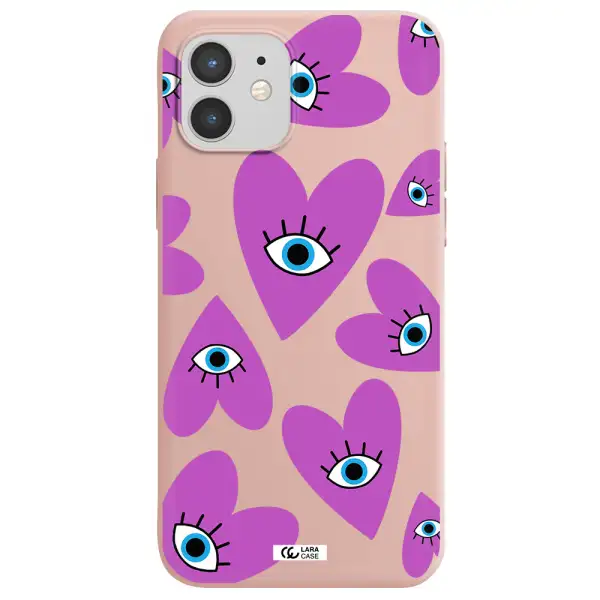 a purple heart with eyes and a black eye Apple iPhone 12 Silicone pastel pink Case