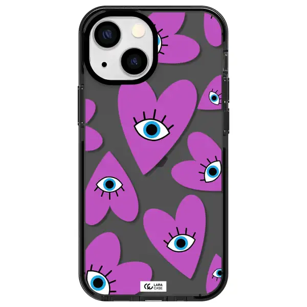 a purple heart with eyes and a black eye Apple iPhone 13 mini impact Smoke Black Case
