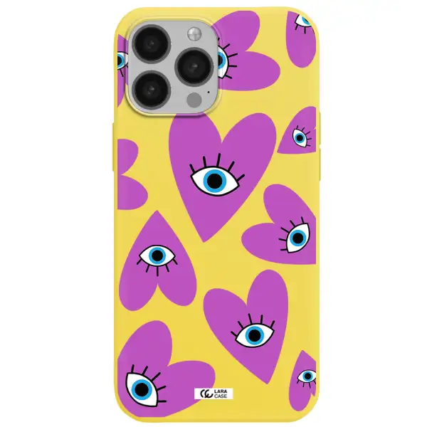 a purple heart with eyes and a black eye Apple iPhone 13 Pro Max Silicone canary yellow Case