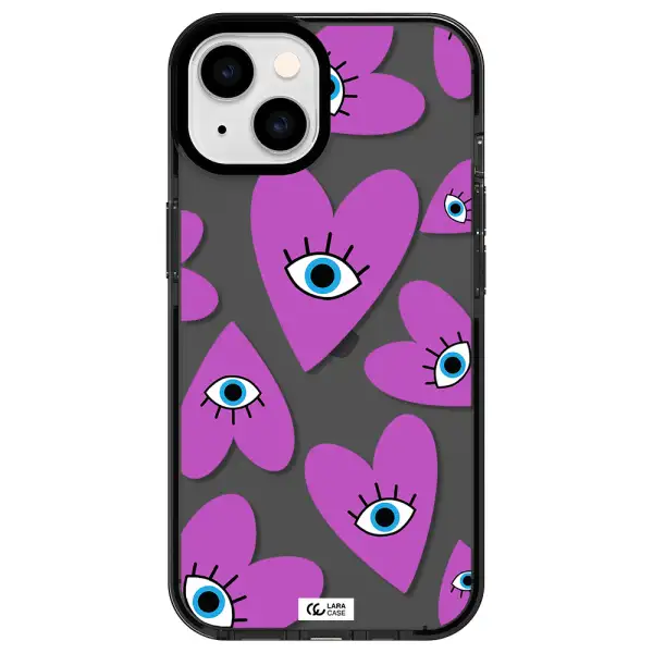 a purple heart with eyes and a black eye Apple iPhone 14 impact Smoke Black Case