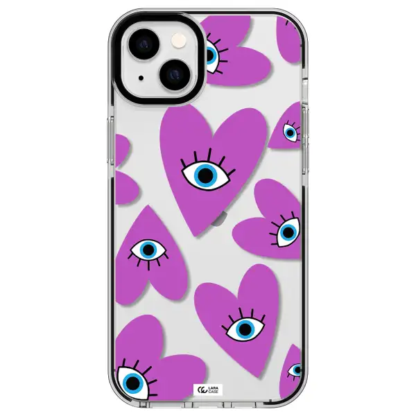 a purple heart with eyes and a black eye Apple iPhone 14 plus impact black border Case