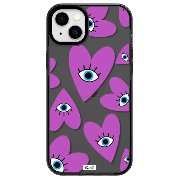 a purple heart with eyes and a black eye Apple iPhone 14 plus impact Smoke Black Case