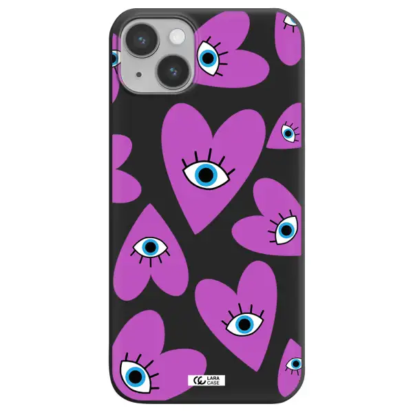 a purple heart with eyes and a black eye Apple iPhone 14 plus Silicone black Case