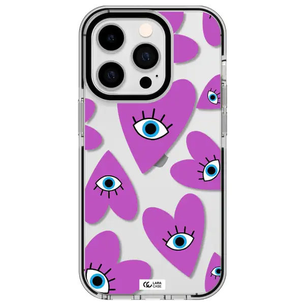 a purple heart with eyes and a black eye Apple iPhone 14 pro impact black border Case