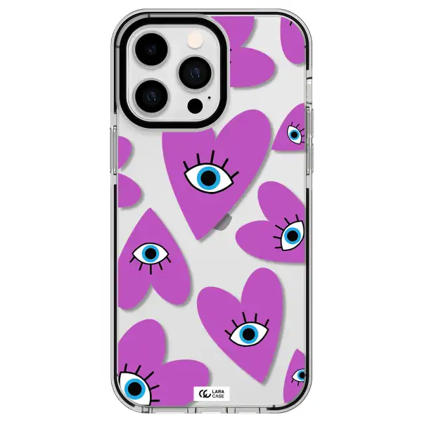 a purple heart with eyes and a black eye Apple iPhone 14 pro max impact black border Case