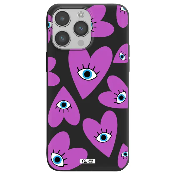 a purple heart with eyes and a black eye Apple iPhone 14 pro Silicone black Case