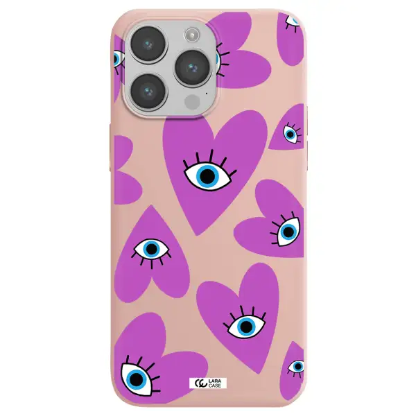 a purple heart with eyes and a black eye Apple iPhone 14 pro Silicone pastel pink Case