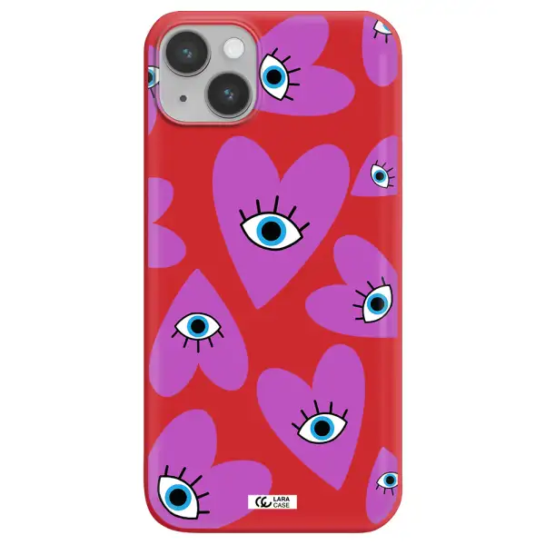 a purple heart with eyes and a black eye Apple iPhone 14 Silicone Imperial Red Case