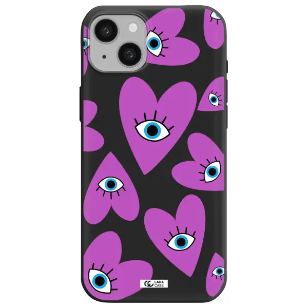 a purple heart with eyes and a black eye Apple iphone 15 plus Silicone black Case