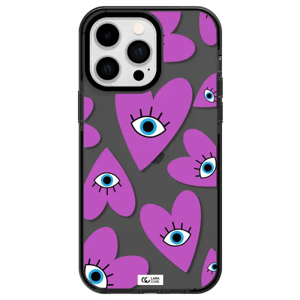 a purple heart with eyes and a black eye Apple iPhone 15 Pro impact Smoke Black Case