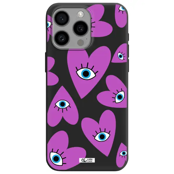 a purple heart with eyes and a black eye Apple Iphone 15 Pro max Silicone black Case