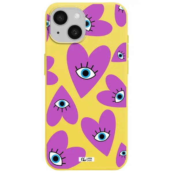 a purple heart with eyes and a black eye Apple iPhone 15 Silicone canary yellow Case