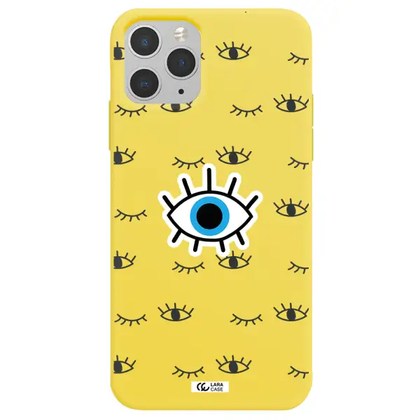 a blue eye with black eyeballs and eyelashes Apple iPhone 11 pro max Silicone canary yellow Case