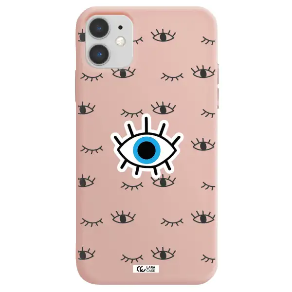 a blue eye with black eyeballs and eyelashes Apple iPhone 11 Silicone pastel pink Case