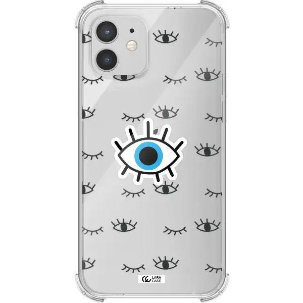 a blue eye with black eyeballs and eyelashes Apple iPhone 12 Clear PC Case