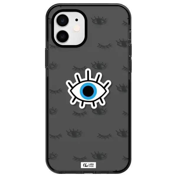 a blue eye with black eyeballs and eyelashes Apple iPhone 12 impact Smoke Black Case