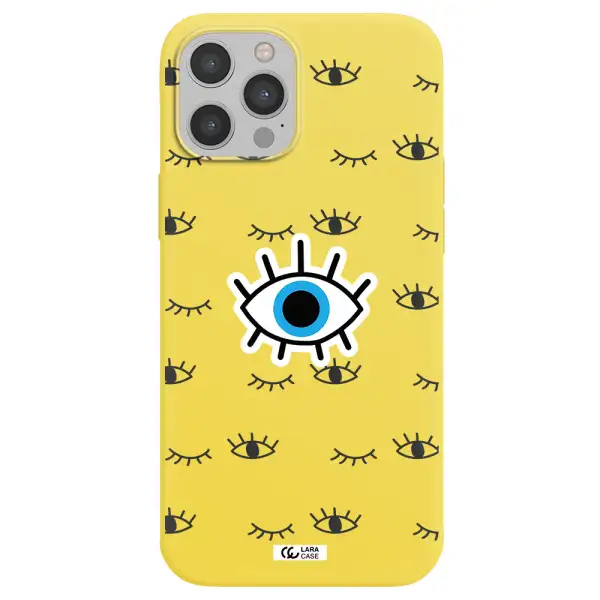 a blue eye with black eyeballs and eyelashes Apple iPhone 12 pro Silicone canary yellow Case
