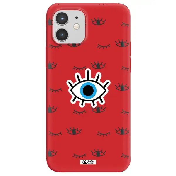a blue eye with black eyeballs and eyelashes Apple iPhone 12 Silicone Imperial Red Case