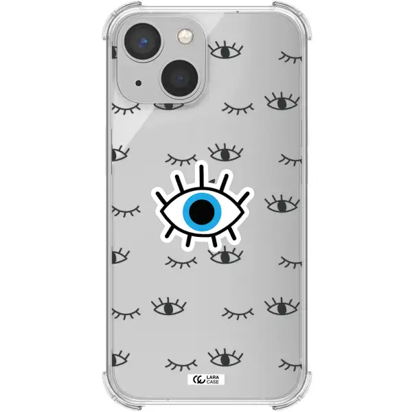 a blue eye with black eyeballs and eyelashes Apple iPhone 13 Clear PC Case