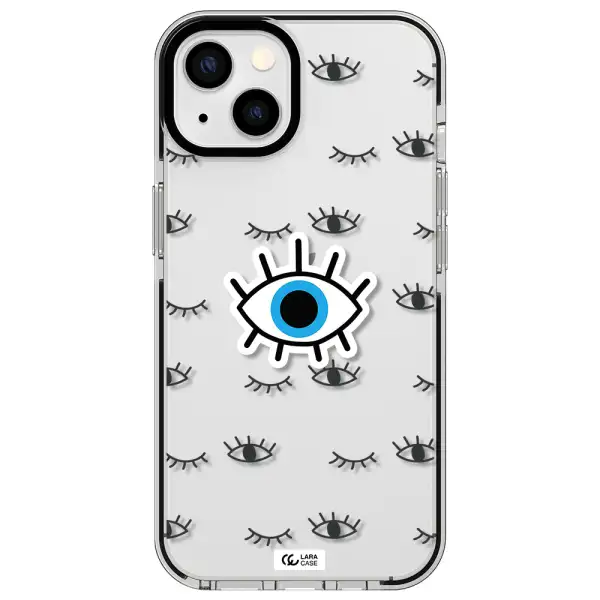 a blue eye with black eyeballs and eyelashes Apple iPhone 13 impact black border Case