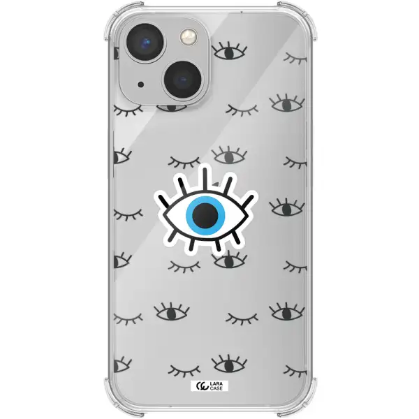 a blue eye with black eyeballs and eyelashes Apple iPhone 13 mini Clear PC Case